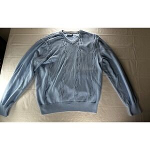 Consensus Cable Knit V-Neck Sweater Mens Medium Light Blue Cotton Vintage Preppy